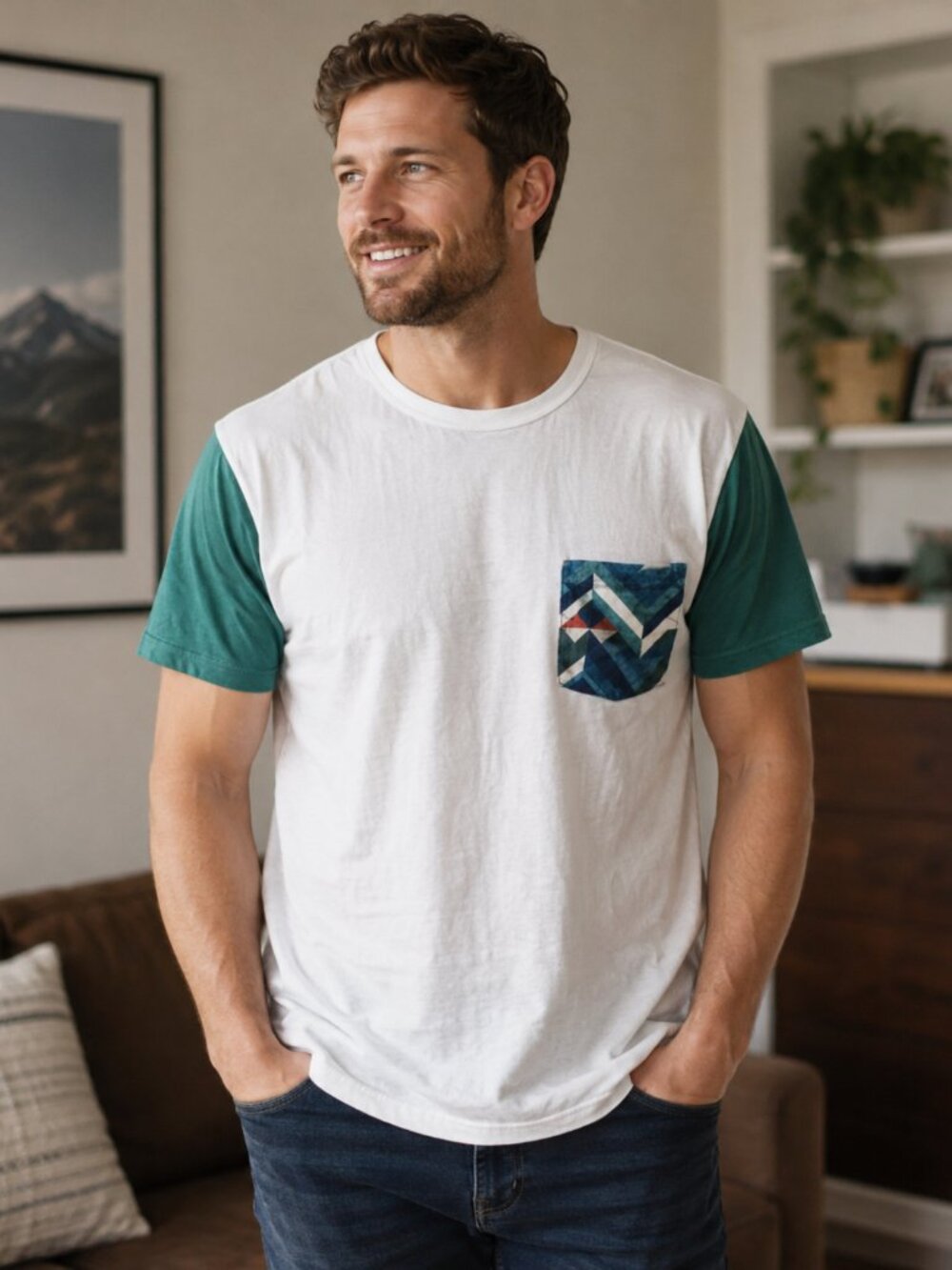 Hollister Pocket T-Shirt Men's XL White Teal Colorblock Short Sleeve Casual Crew